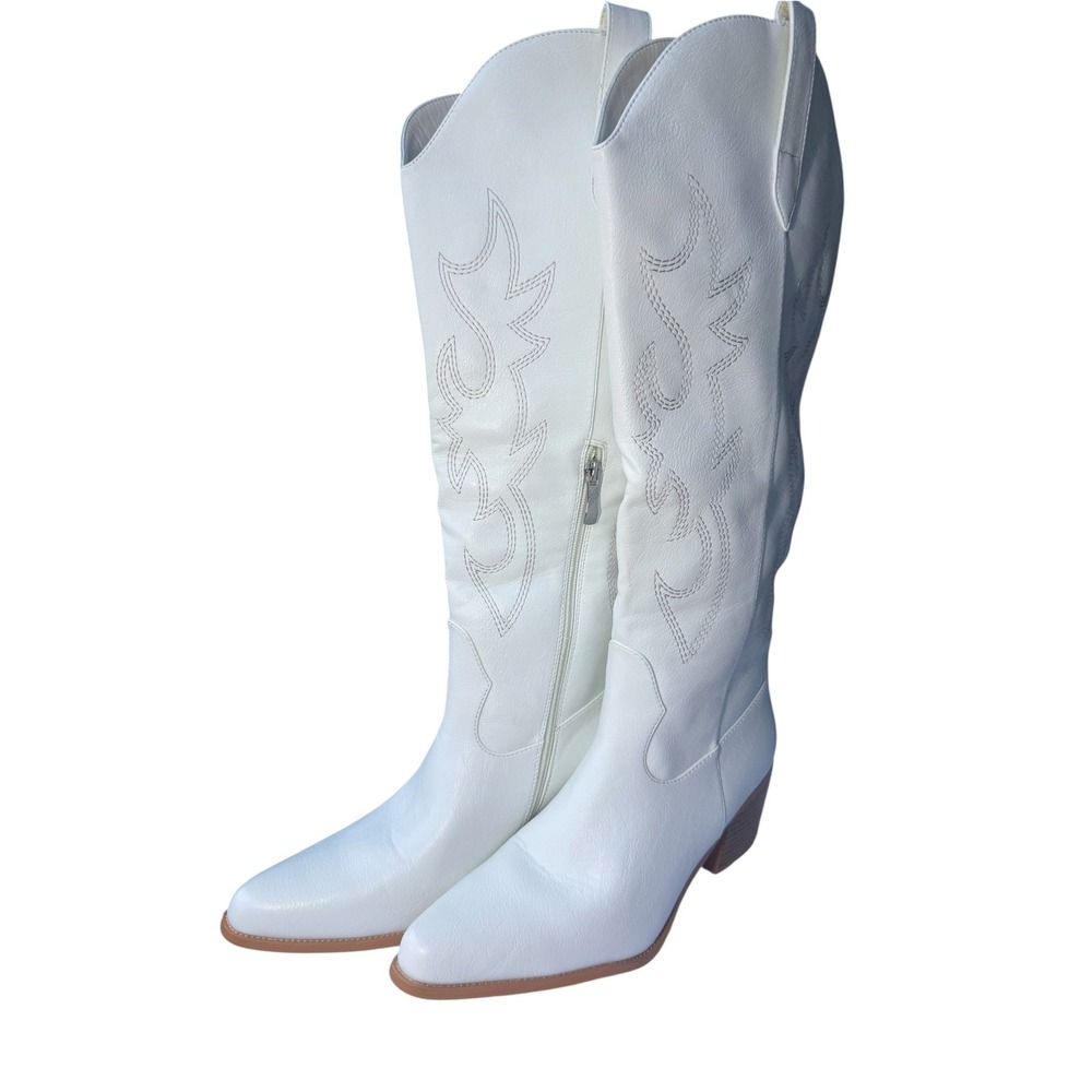 Women's White Western Cowboy Boots 8.5 Knee High Embroidered Side Zip NWOT